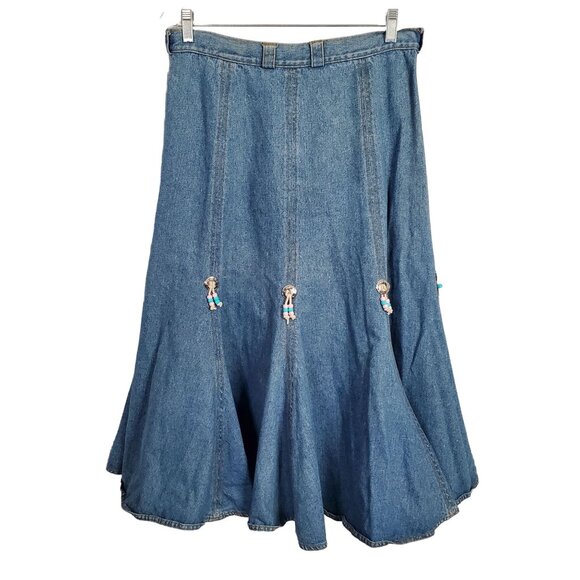 Geoffrey Hunter Size L Skirt Midi Flared Denim Beaded Cowgirl Western VTG 80s - Picture 2 of 13